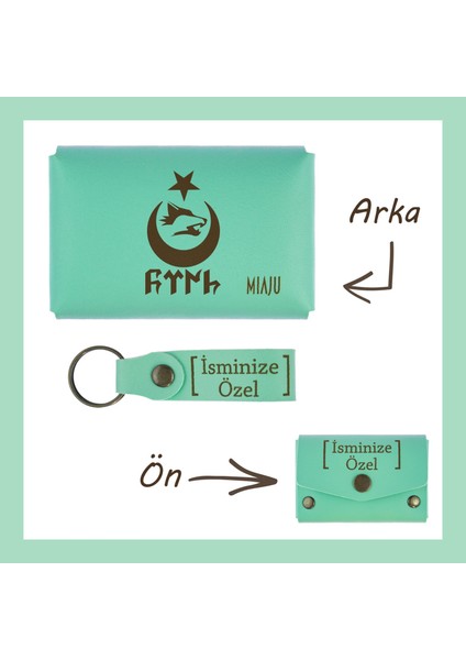 Açık Yeşil, Bozkurt Ay Yıldız Desenli, Isme Özel Cüzdan ve Anahtarlık Set, Akrabaya Özel lik