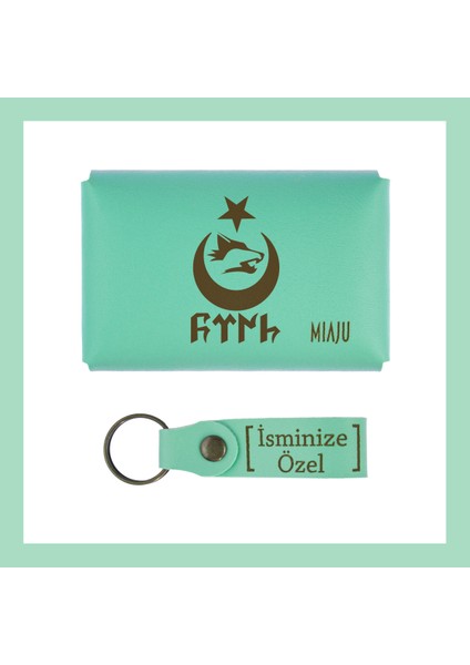 Açık Yeşil, Bozkurt Ay Yıldız Desenli, Isme Özel Cüzdan ve Anahtarlık Set, Akrabaya Özel lik fiyatları