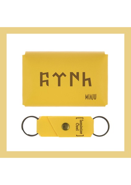 Sarı Renk, Göktürkçe Türk Desenli, Kişiye, Isme Özel Cüzdan ve Anahtarlık Set, Sevgiliye Asil fiyatları