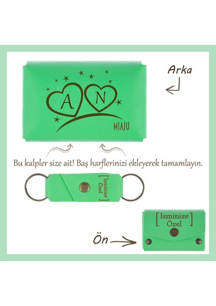 Fıstık Yeşil, Isim, Kalp ve Baş Harf Işlemeli, Cüzdan & Anahtarlık Seti, Sevgiliniz Için Özel