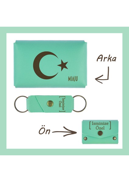 Açık Yeşil, Ayyıldız Desenli, Isme Özel Kişisel Cüzdan ve Anahtarlık Set, Kıymetli Arkadaşa