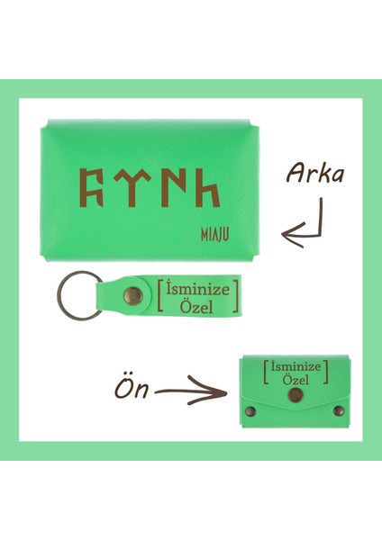 Fıstık Yeşil, Göktürk Türkçesi Yazılı, Isme Özel Cüzdan ve Anahtarlık Set, Yanında Taşımak Için