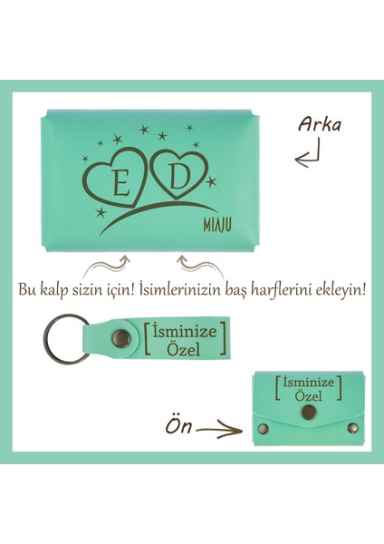 Açık Yeşil, Iki Baş Harf, Tek Kalp! Sevgiliye Özel Kişiselleştirilebilir Cüzdan ve Anahtarlık Seti