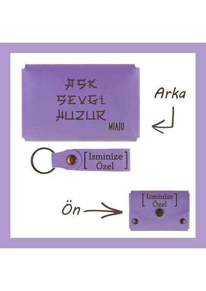 Mor Menekşe, Aşk, Sevgi, Huzur Temalı Özel Tasarım, Isme Özel Cüzdan Set, Unutulmaz Anılar Için