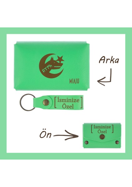 Fıstık Yeşil, Bozkurt ve Hilal Desenli, Isme Özel Cüzdan ve Anahtarlık Set, Mükemmel lik Anı