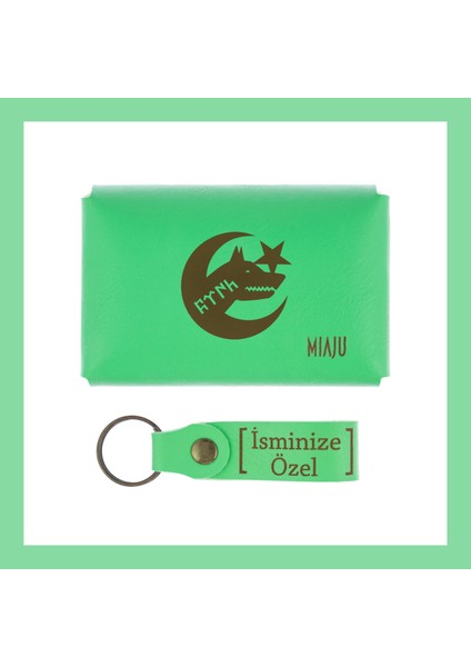 Fıstık Yeşil, Bozkurt ve Hilal Desenli, Isme Özel Cüzdan ve Anahtarlık Set, Mükemmel lik Anı fiyatları