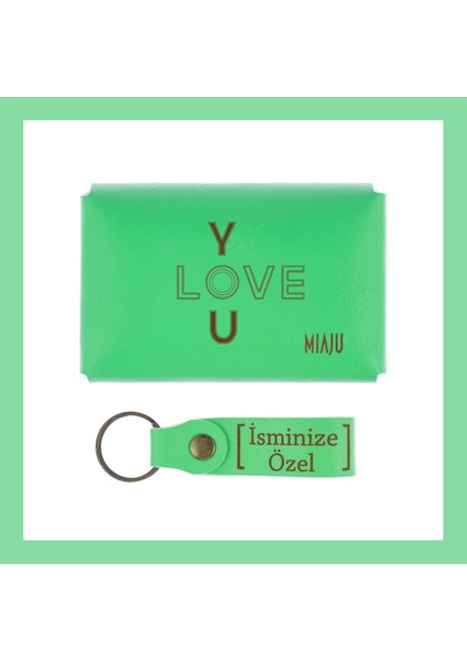 Fıstık Yeşil, I Love You Desenli, Isme Özel Cüzdan ve Anahtarlık Set, Mükemmel lik Anı fiyatları