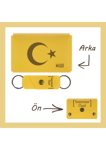 Sarı Renk, Ay Yıldız Motifli, Isme Özel Cüzdan ve Anahtarlık Seti, Çok Değerli Sevgiliye lik