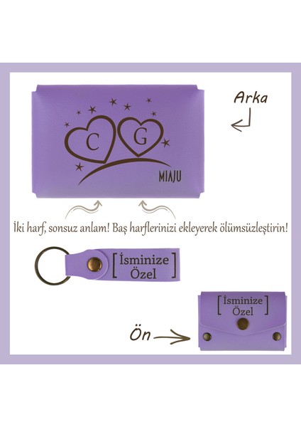 Mor Menekşe, Iki Kalp, Iki Harf, Bir Sevda! Isme Özel Cüzdan ve Anahtarlık Seti, Sevgilinize Hediye