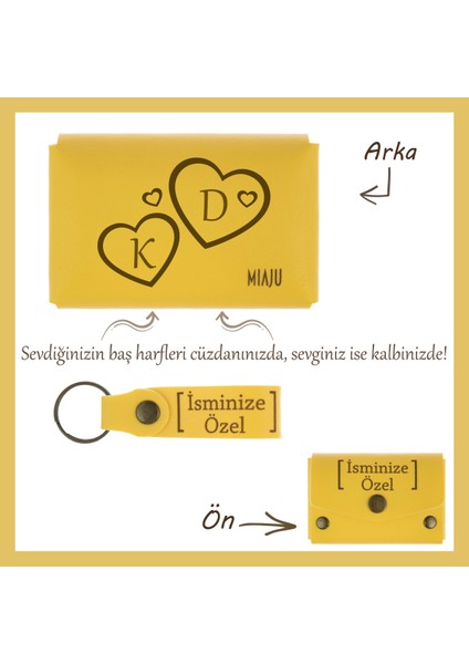 Sarı Renk, Sevgilinizin Ismini ve Baş Harfini Kalbe Işleyin! Kişiye Özel Cüzdan & Anahtarlık Seti