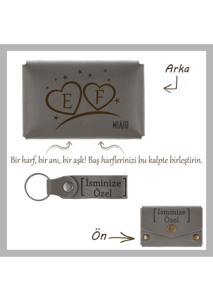 Kül Gri Renk, Aşkınızı Hep Yanınızda Taşıyın! Isme Özel Kalpli ve Harfli Cüzdan & Anahtarlık Seti