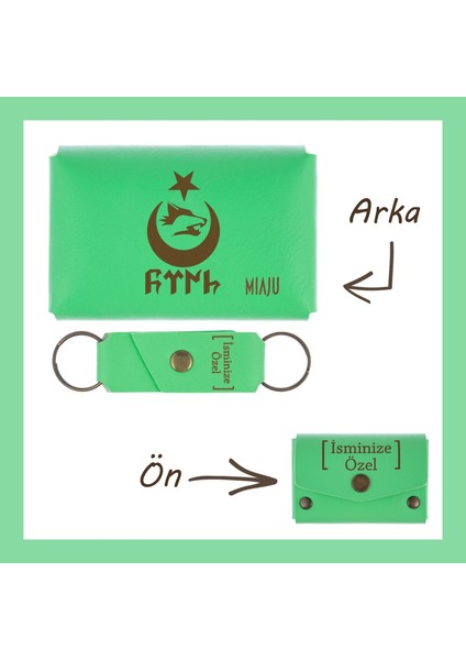 Fıstık Yeşil, Bozkurt Ay Yıldız Desenli, Isme Özel Cüzdan ve Anahtarlık Set, Mükemmel Anı si