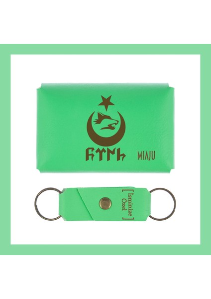 Fıstık Yeşil, Bozkurt Ay Yıldız Desenli, Isme Özel Cüzdan ve Anahtarlık Set, Mükemmel Anı si fiyatları