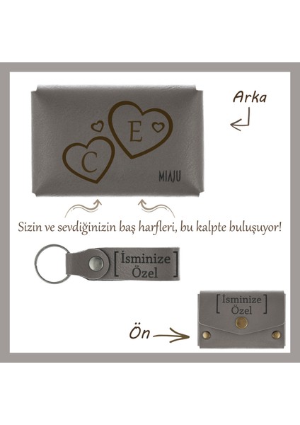 Kül Gri, Aşkınızın Baş Harflerini Kalplerin Içine Işleyin! Isme Özel Cüzdan & Anahtarlık Set, Hediye