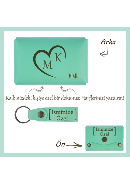 Açık Yeşil, Isme Özel Kalp ve Harf Motifli Cüzdan & Anahtarlık Seti, Sevgilinize Unutulmaz