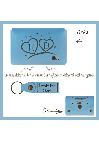 Açık Mavi, Isim ve Kalp Motifli Kişiye Özel Cüzdan ve Anahtarlık Seti, Sevgililer Günü si