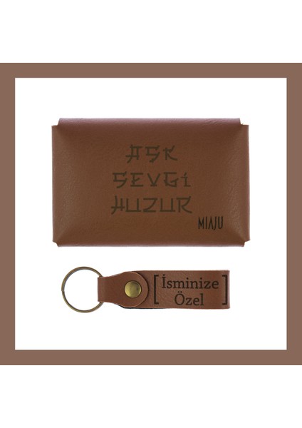 Kahve Renk, Aşk Sevgi Huzur Yazılı Isme Özel, Cüzdan ve Anahtarlık Set, Anneye, Teyzeye Özel