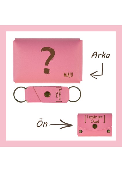 Pembe Renk, Soru Işareti Desenli, Isme Özel, Cüzdan ve Anahtarlık Set, Sevgiliye lik Takım