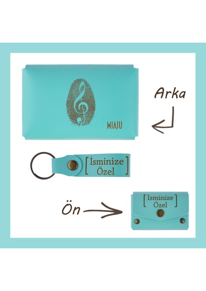 Turkuaz, Nota Desenli, Isminize Özel Cüzdan ve Anahtarlık Seti, Kişisel lik Şık Aksesuar Takım