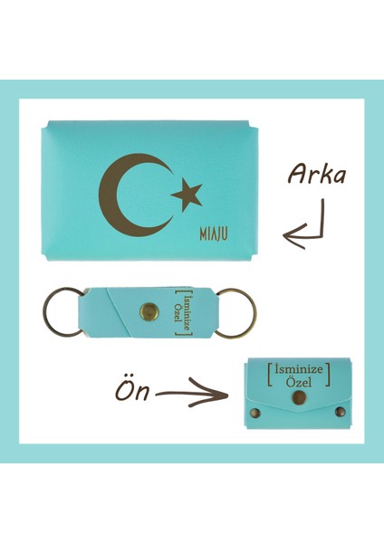 Turkuaz, Ayyıldız Desenli, Isme Özel Cüzdan ve Anahtarlık Set, Değer Verdiğine Eşsiz Bir