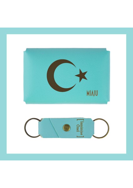 Turkuaz, Ayyıldız Desenli, Isme Özel Cüzdan ve Anahtarlık Set, Değer Verdiğine Eşsiz Bir fiyatları