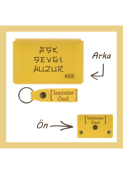 Sarı Renk, Aşk Sevgi Huzur Yazılı Isme Özel, Cüzdan ve Anahtarlık Set, Akrabaya Hatıra, Anı Seti