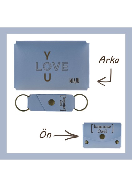 Gök Mavi, I Love You Yazılı, Sevgiliye Özel Cüzdan ve Anahtarlık Set, Romantik Sevgiliden