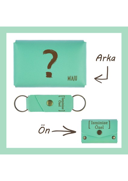 Açık Yeşil, Soru Işareti Desenli, Isme Özel, Cüzdan ve Anahtarlık Set, Arkadaşa Aksesuar