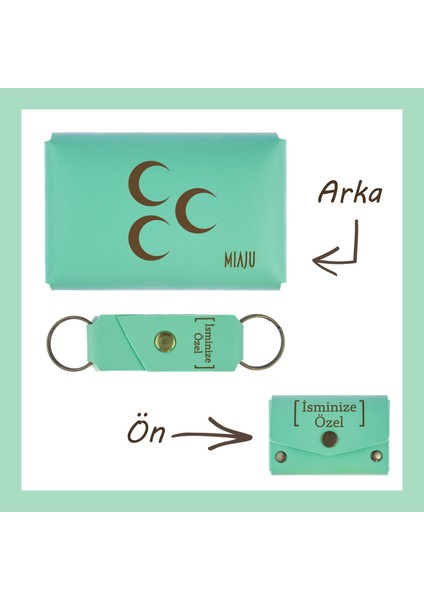 Açık Yeşil, Üç Hilal Desenli, Isme Özel Cüzdan ve Anahtarlık Set, Akrabalara Özel Aksesuar