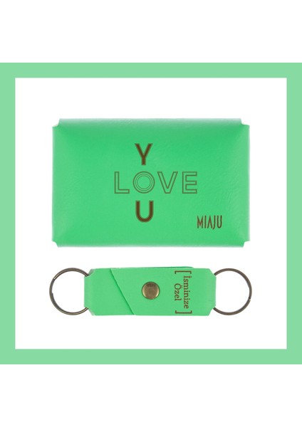 Fıstık Yeşil, I Love You Desenli, Isme Özel Cüzdan ve Anahtarlık Set, Mükemmel Anı si fiyatları