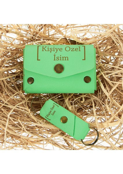 Fıstık Yeşil, I Love You Desenli, Isme Özel Cüzdan ve Anahtarlık Set, Mükemmel Anı si indirimleri