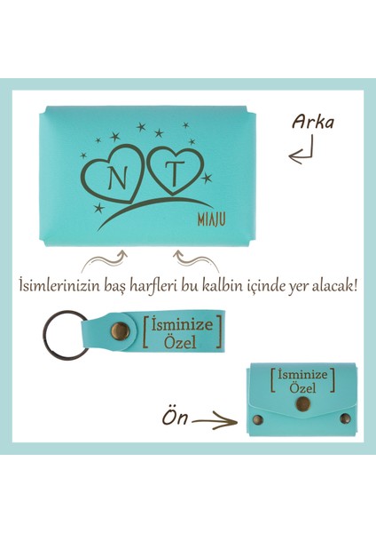 Turkuaz, Sevgilinize En Romantik Sürpriz! Harf ve Kalp Motifli Isme Özel Cüzdan ve Anahtarlık Seti
