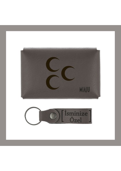 Kül Gri, Üç Hilalin Işığında, Efsanevi Üç Hilal Tasarımı, Isme Özel Cüzdan ve Anahtarlık Set fiyatları