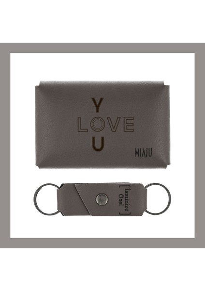 Kül Gri, I Love You, Sevgiliye Özel, Kişiselleştirilebilir Cüzdan ve Anahtarlık Set, Hediyelik Anı