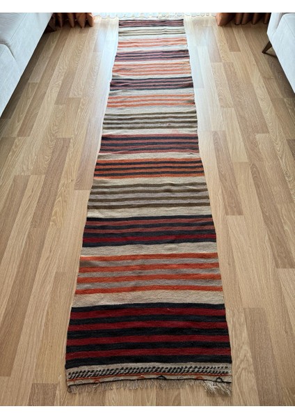 66 x 335 cm Çizgili Desenli Kilim, El Dokuma Uzun Yolluk, Sıcak ve Benzersiz Yolluk, Rustik Stil Harika Kilim