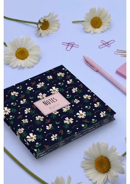 Mavi Papatya Kenar Baskılı Defter, 16X16 cm