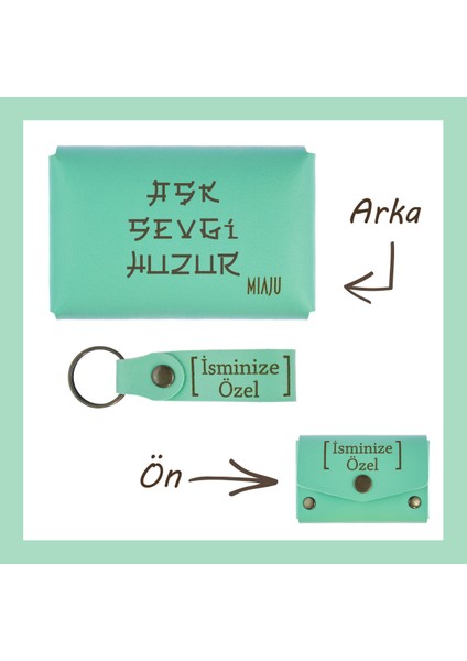 Açık Yeşil, Aşk Sevgi Huzur Yazılı Isme Özel, Cüzdan ve Anahtarlık Set, Kendine, Arkadaşına