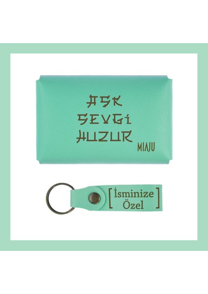 Açık Yeşil, Aşk Sevgi Huzur Yazılı Isme Özel, Cüzdan ve Anahtarlık Set, Kendine, Arkadaşına fiyatları