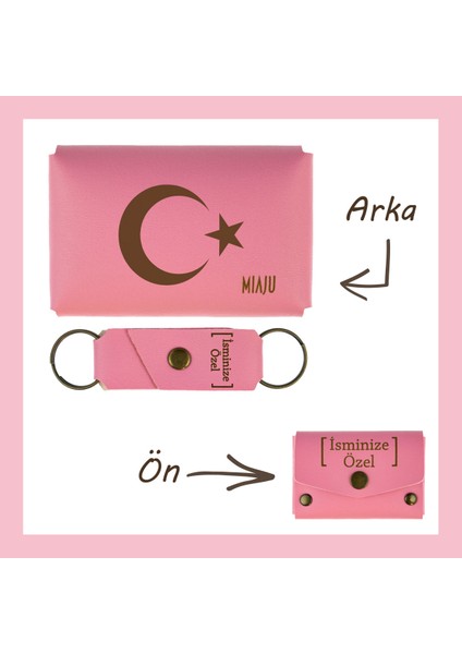 Pembe Renk, Ayyıldız Yazılı, Isme Özel Kişisel Cüzdan ve Anahtarlık Set, Arkadaşa, Kankiye