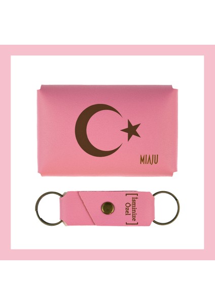 Pembe Renk, Ayyıldız Yazılı, Isme Özel Kişisel Cüzdan ve Anahtarlık Set, Arkadaşa, Kankiye fiyatları