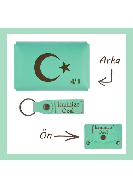 Açık Yeşil, Ayyıldız Desenli, Ismine Özel Kişisel Cüzdan ve Anahtarlık Set, Kıymetli Arkadaşa