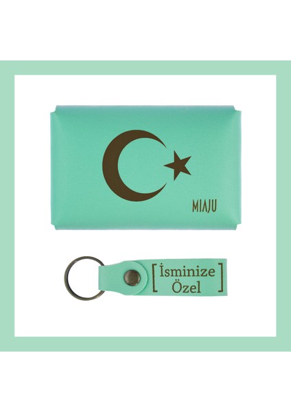 Açık Yeşil, Ayyıldız Desenli, Ismine Özel Kişisel Cüzdan ve Anahtarlık Set, Kıymetli Arkadaşa fiyatları