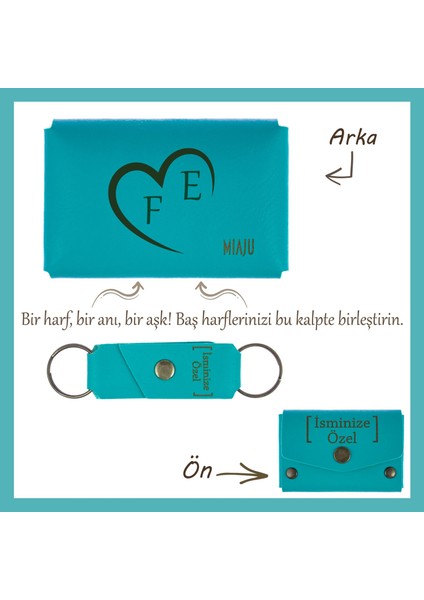 Koyu Turkuaz, Sevgilinize Özel Kalpli ve Harf Işlemeli Cüzdan & Anahtarlık Seti, Romantik Seçenek
