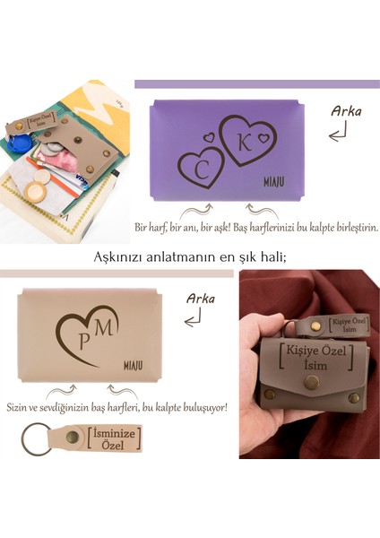 Gök Mavi, Baş Harfler Kalbin Içinde! Kişiselleştirilebilir Cüzdan & Anahtarlık Set, Sevgilinize Özel