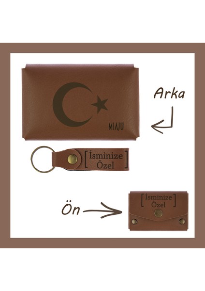 Kahve Renk, Ayyıldız Desenli, Isme Özel, Cüzdan ve Anahtarlık Set, Dosta lik Unutulmaz Anı