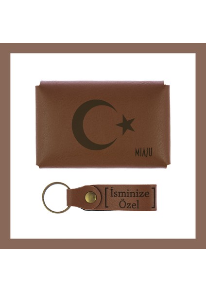 Kahve Renk, Ayyıldız Desenli, Isme Özel, Cüzdan ve Anahtarlık Set, Dosta lik Unutulmaz Anı fiyatları
