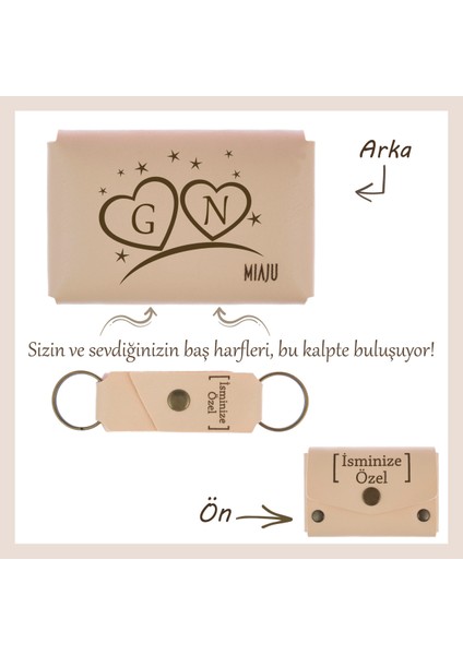 Pudra Renk, Sevgilinize Özel Kalp Içinde Harf Işlemeli, Isme Özel Cüzdan ve Anahtarlık Seti