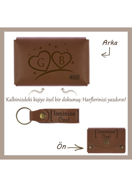 Kahve Renk, Kalbinizdeki Kişiye Özel! Isme ve Baş Harfe Özel Çift Kalpli Cüzdan ve Anahtarlık Seti