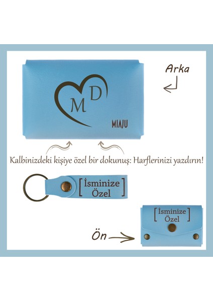 Açık Mavi, Bir Kalp, Bir Sevda! Sevgilinize Özel Tasarım Isme ve Harfe Özel Cüzdan & Anahtarlık Seti