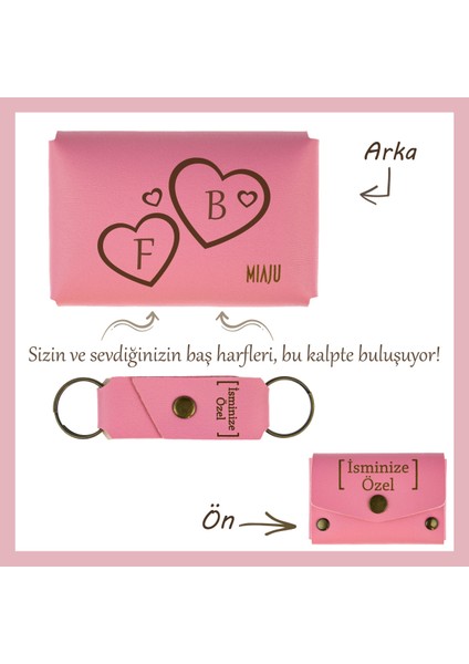 Pembe, Iki Kalp, Iki Harf, Bir Aşk! Isme Özel Cüzdan & Anahtarlık Set, Sevgilinize Aşkınızı Gösterin